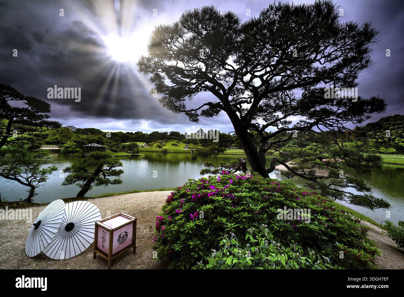 Vista pittorica del castello di Okayama con sole luminoso e ombrelloni giapponesi, Okayama, Okayama, Giappone Foto Stock