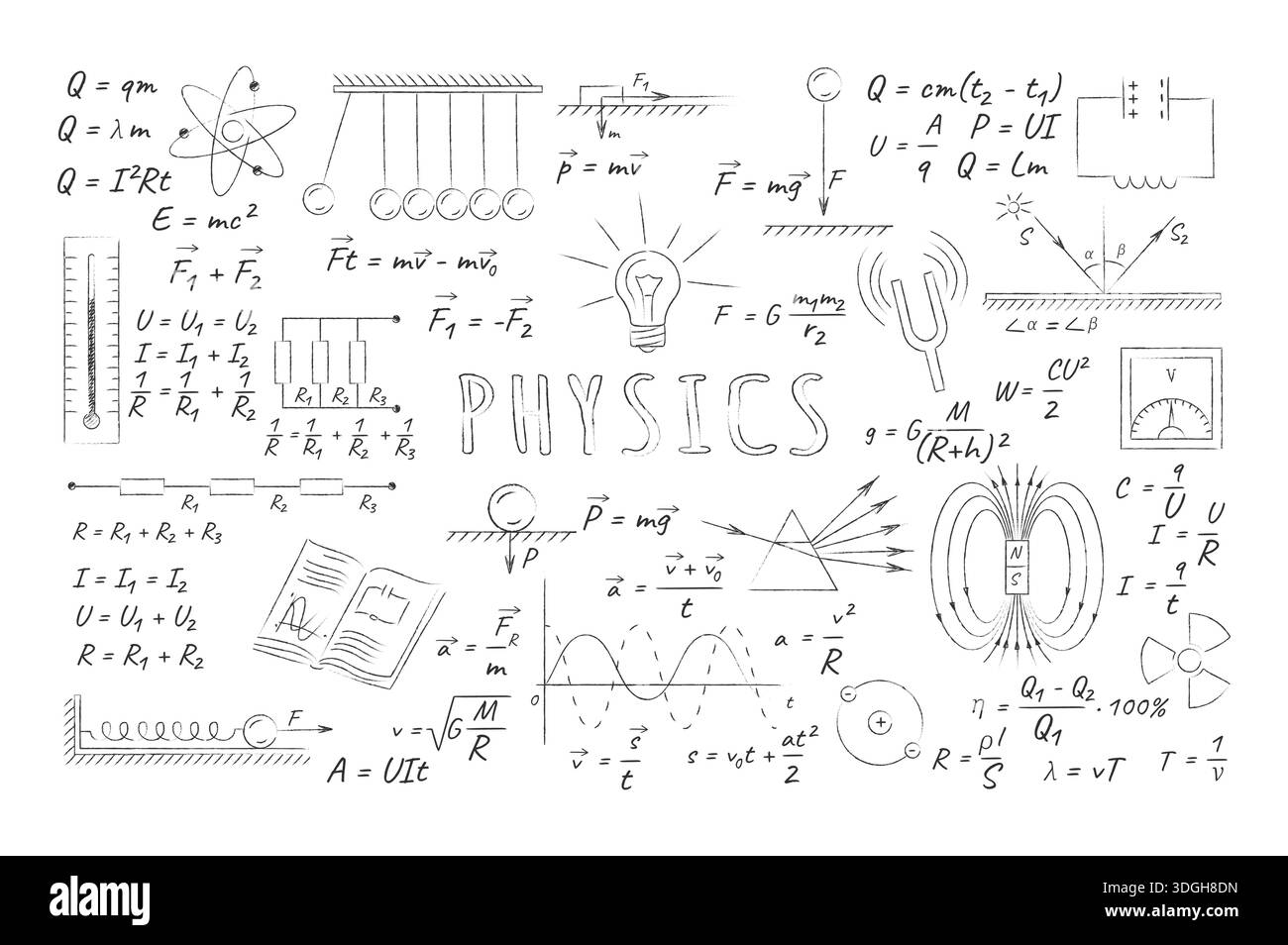 Illustrazione di concetti fisici in bianco e nero. Presenta formule e diagrammi utilizzati nel settore dell'istruzione. Utile per materiali accademici e presentazioni Illustrazione Vettoriale
