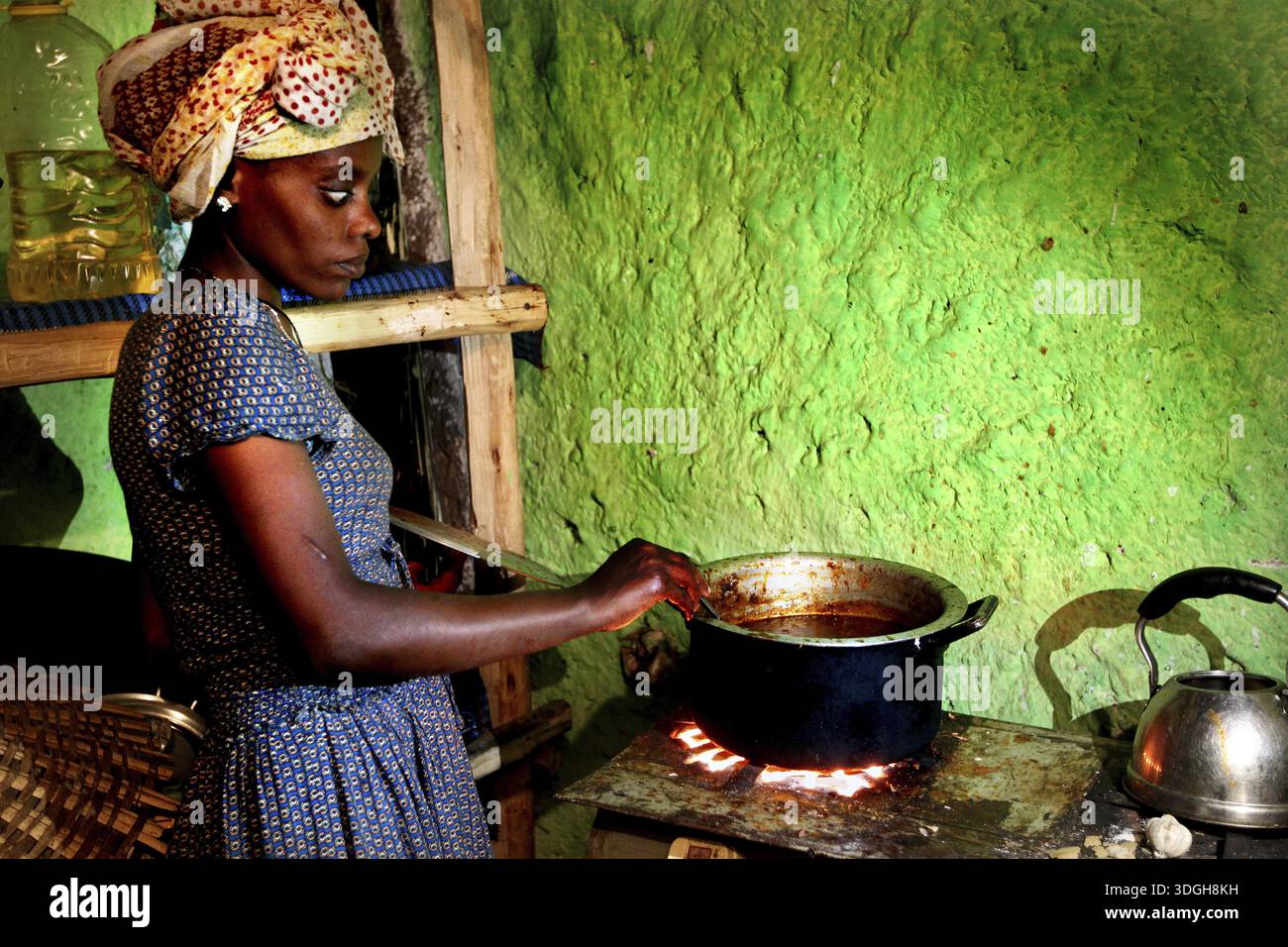 La donna cucina con cura il pollo nella cucina rurale, Lalibela, Etiopia Foto Stock