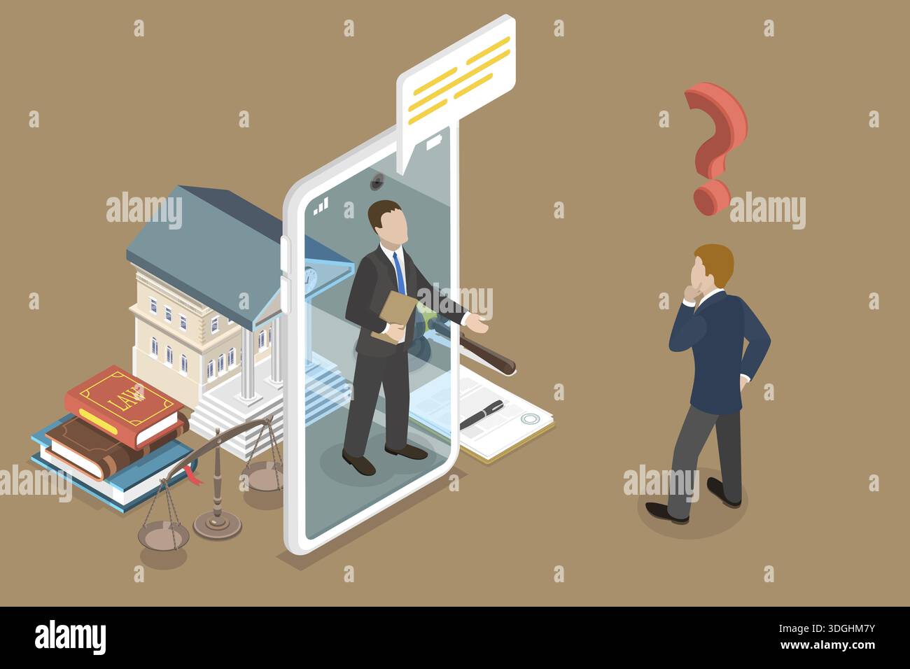 3D Isometric Flat Vector illustrazione di Legal Advice Online, Entrepreneur utilizza lo smartphone per la consultazione legale con l'avvocato Foto Stock