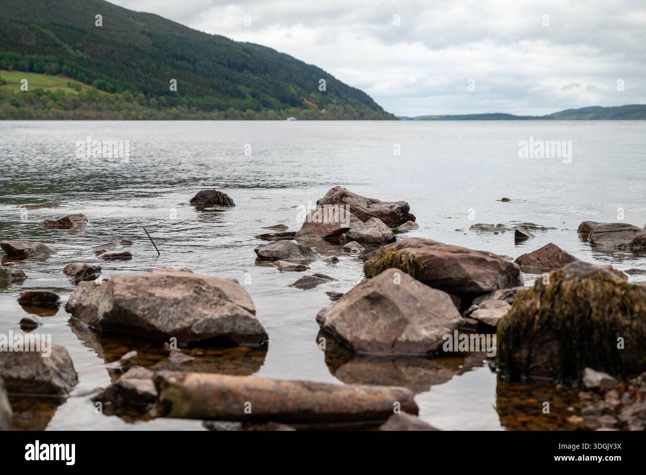 Una vista tranquilla del litorale di Loch Ness con grandi rocce in primo piano e le verdi pendenti montagne della Great Glen. Foto Stock