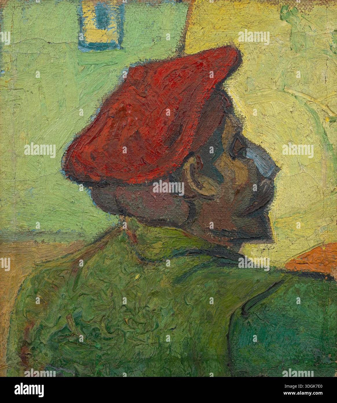 Paul Gauguin (Man in a Red Beret) 1888 dipinto dell'artista olandese Vincent van Gogh (1853-1890) che mostra il collega artista francese Paul Gauguin in un profilo a sinistra, le sue caratteristiche modellate in un impasto spesso e rivestite in un berretto rosso brillante e un cappotto verde su uno sfondo interno piatto giallo-verde. Fotografia da un olio originale del 1888 su tela al Museo Van Gogh di Amsterdam. Foto Stock