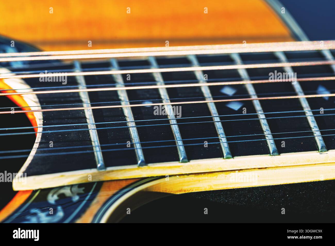 Tastiera per chitarra a dodici corde con corde metalliche, intarsi ornati e venatura decorativa in legno vicino al buco del suono. Cura artigianale e texture Foto Stock