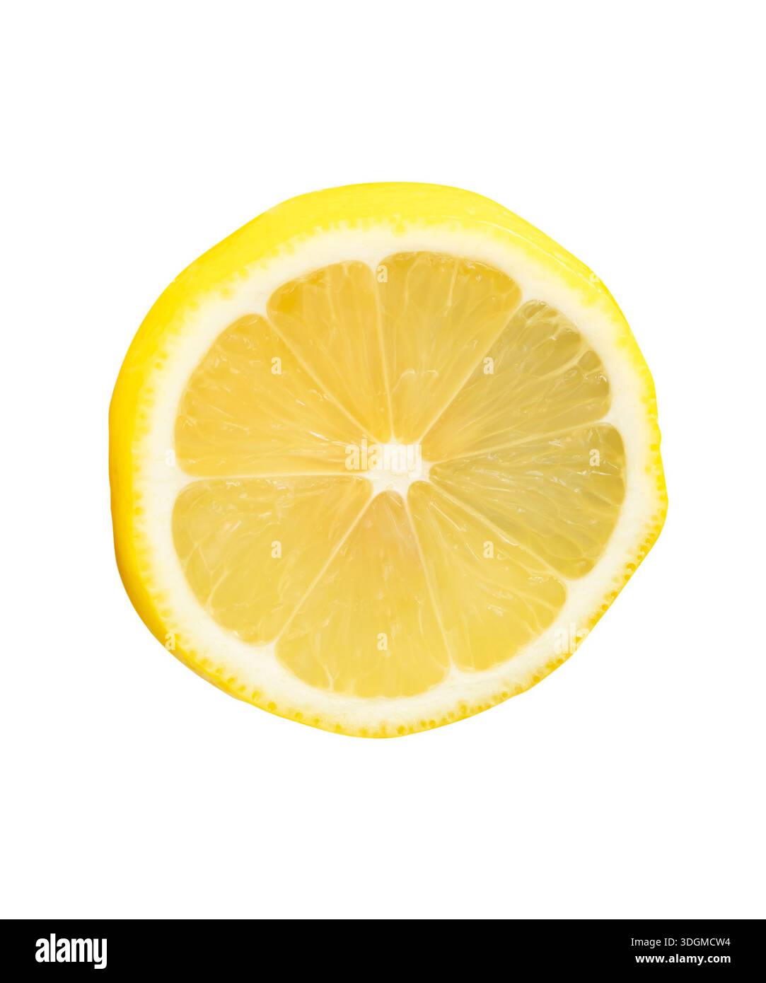 La vista frontale del limone giallo maturo a fette a forma circolare è isolata su sfondo bianco con percorso di ritaglio. Foto Stock