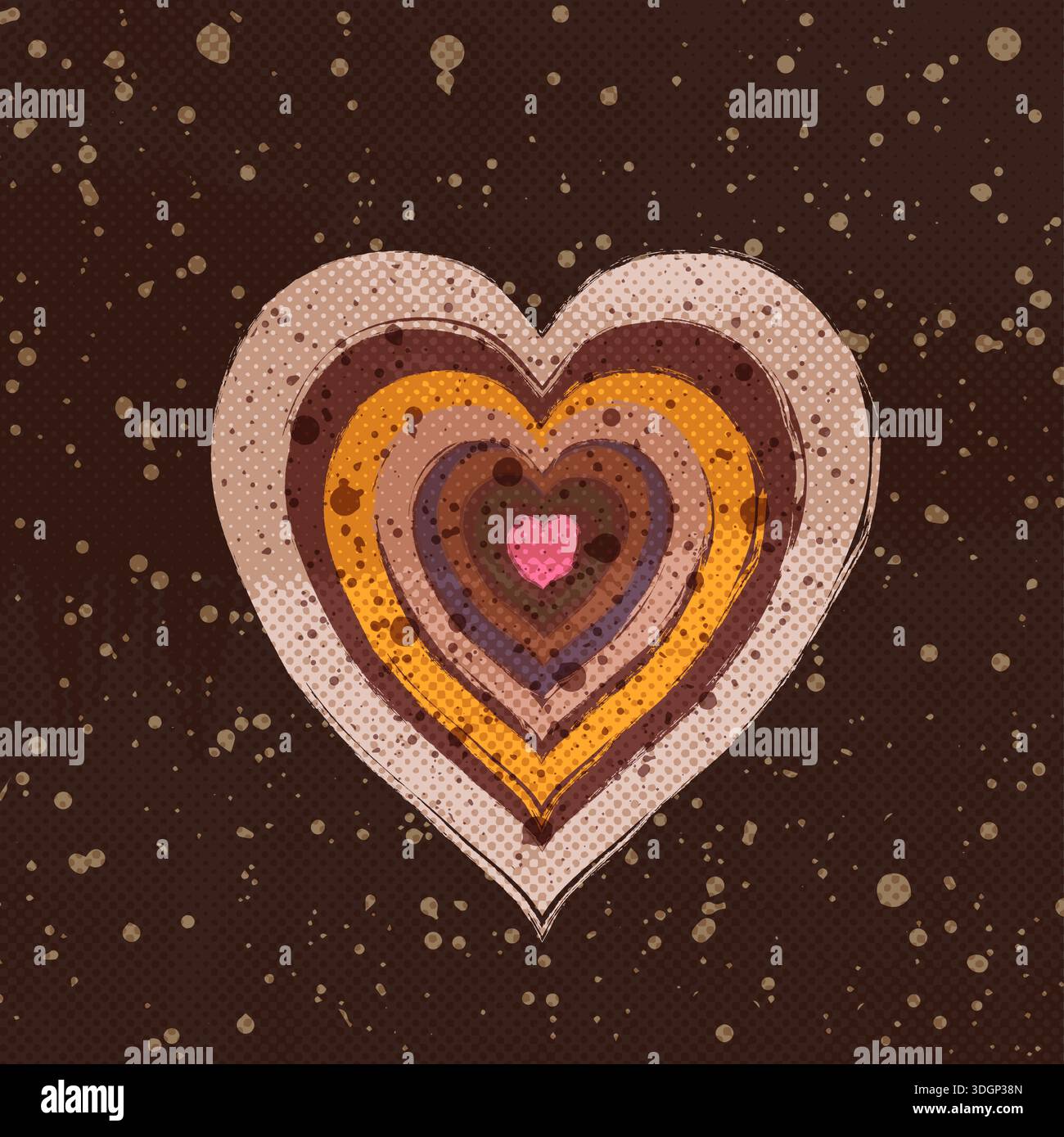 Moderno biglietto d'auguri a forma di cuore boho vettoriale dipinto a mano in tonalità marroni con punti a macchie e sfondo mezzitoni per i disegni di San Valentino Illustrazione Vettoriale