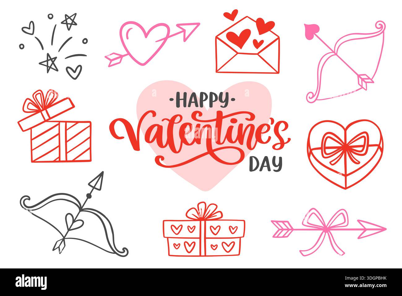 Set di elementi di design con icone Doodle di San Valentino Illustrazione Vettoriale