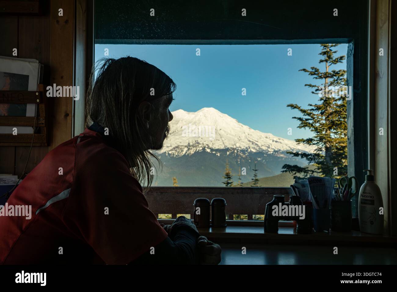 WA29047-00...WASHINGTON - Tom Kirkendall osservando la vista del Monte Rainier dall'High Hut, parte del sistema di capanne Mount Tahoma Trails. Foto Stock