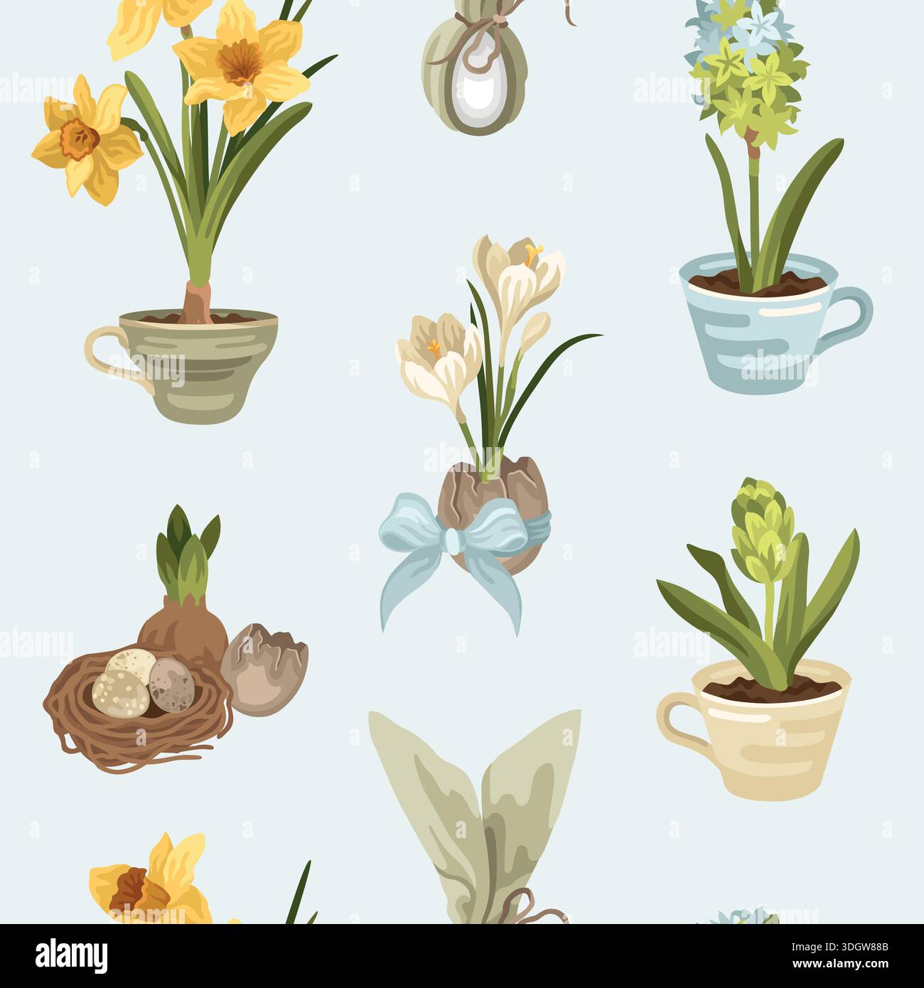 Modello pasquale senza cuciture disegnato a mano con fiori primaverili come narcisi e Giacinto e croco, gusci d'uovo e uccelli uova e nido Illustrazione Vettoriale