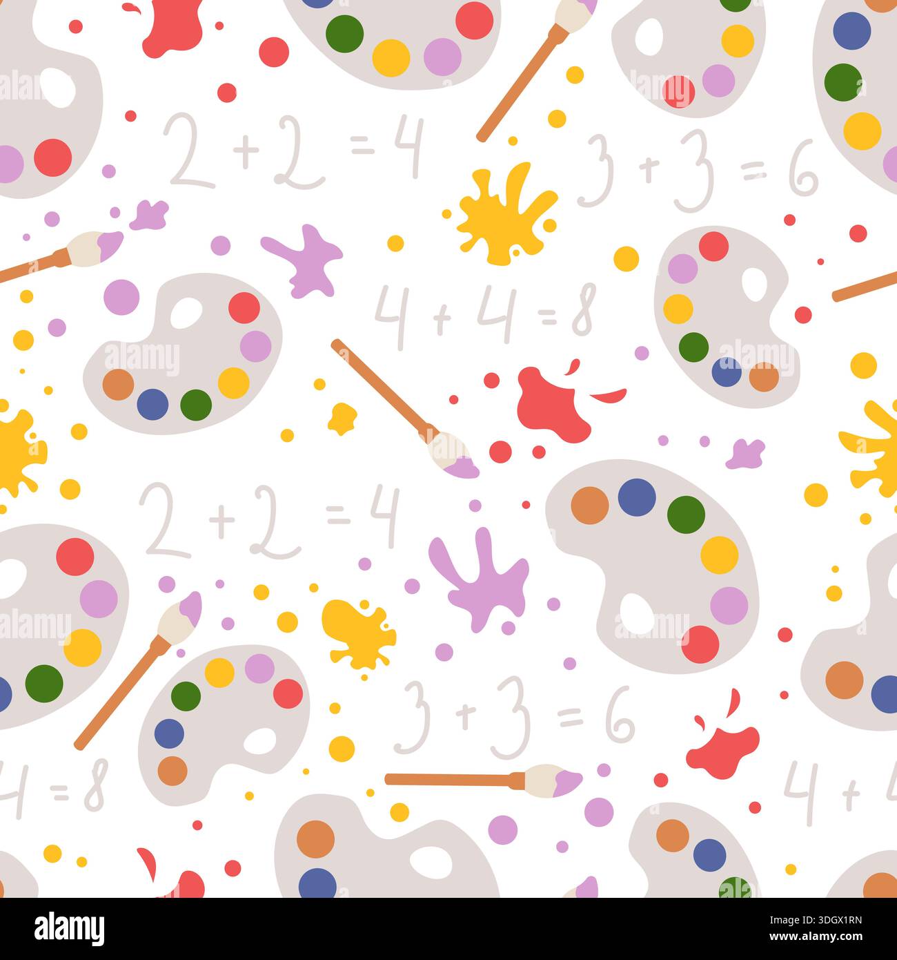 Stampa creativa. Motivo senza cuciture con tavolozza colorata e semplici esempi scolastici, pennelli e macchie di pittura per la carta da parati Illustrazione Vettoriale