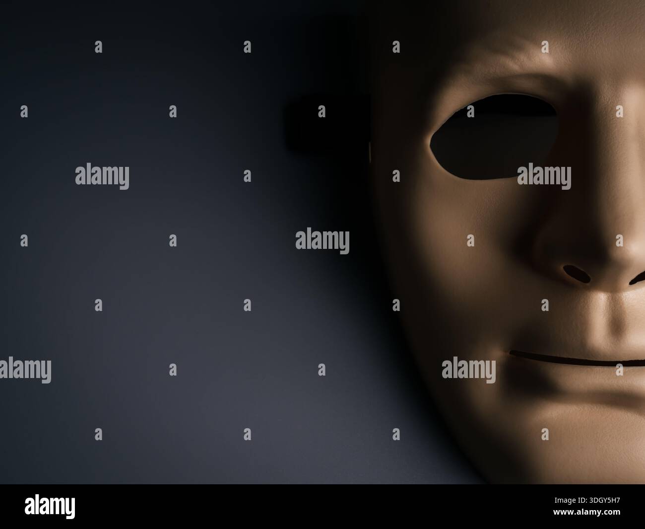 Mascherina semi-facciale inquietante in ombra, che simboleggia truffa online, frode, occultamento di identità e minacce sociali nascoste. Perfetto per la sicurezza informatica, l'inganno Foto Stock