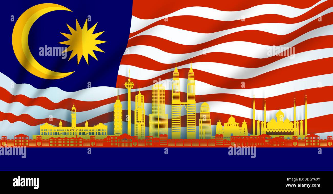 Illustrazione anniversario indipendenza celebrazione giornata nazionale in Malesia sfondo bandiera. Viaggia con la silhouette e l'architettura della Malesia in ku Illustrazione Vettoriale