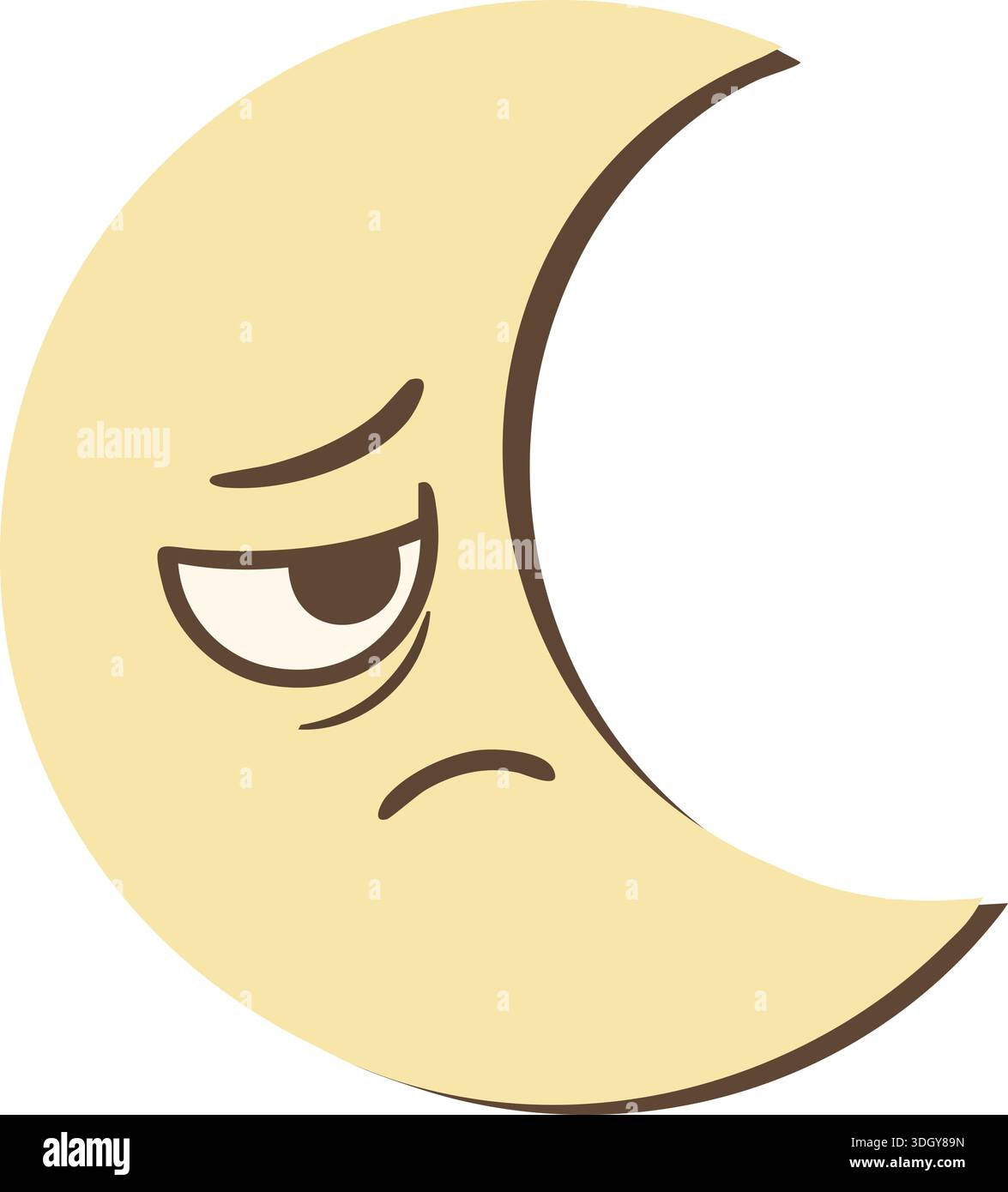 Luna crescente cartoni animati con un'espressione triste in uno stile semplice e piatto su sfondo bianco Illustrazione Vettoriale