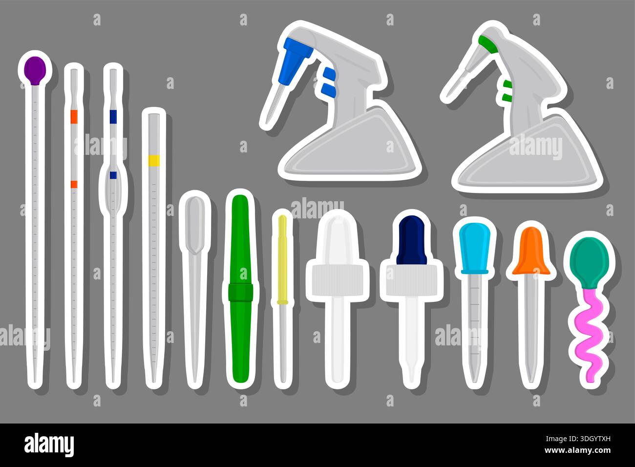 Illustrazione sul tema grande kit pipetta medica diversa, contagocce per laboratorio. Contagocce modello costituito da molte pipette mediche da laboratorio sul retro Illustrazione Vettoriale