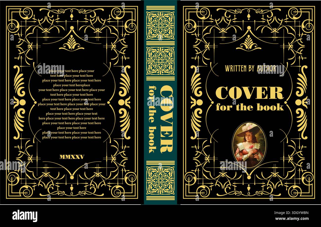 Elegante copertina del libro con intricati ornamenti dorati su sfondo nero, perfetta per un look vintage o classico Illustrazione Vettoriale