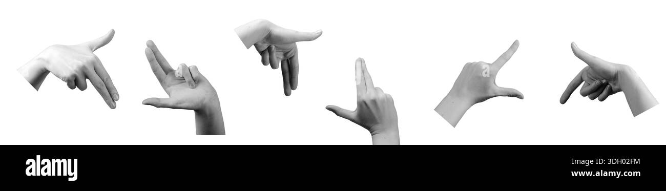 Due mani che formano una cornice rettangolare su sfondo bianco, simboleggiano fotografia, fotografia, visione, messa a fuoco, o pianificazione creativa conc Foto Stock