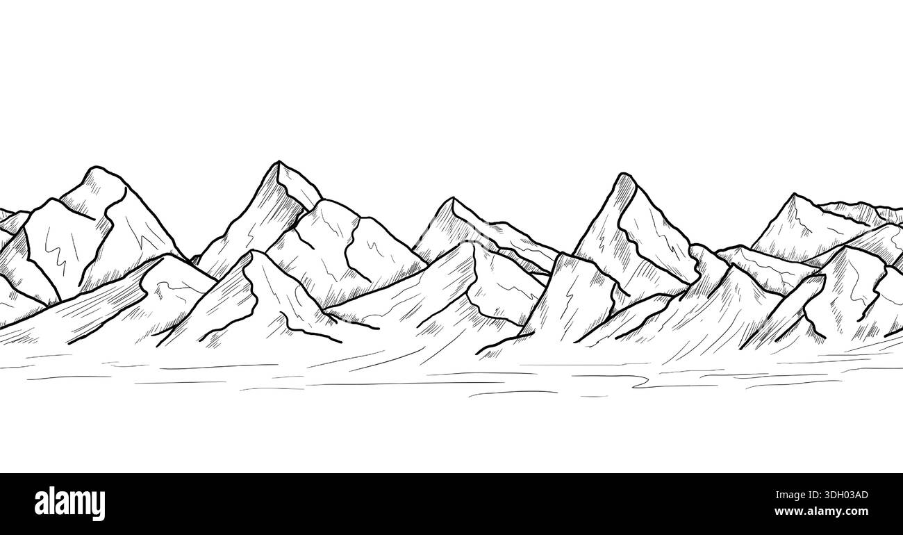 Catena montuosa, schizzo in bianco e nero. Illustrazione vettoriale. Bordo orizzontale senza cuciture, isolato su sfondo bianco. Rocce e pietre disegnate da han Illustrazione Vettoriale