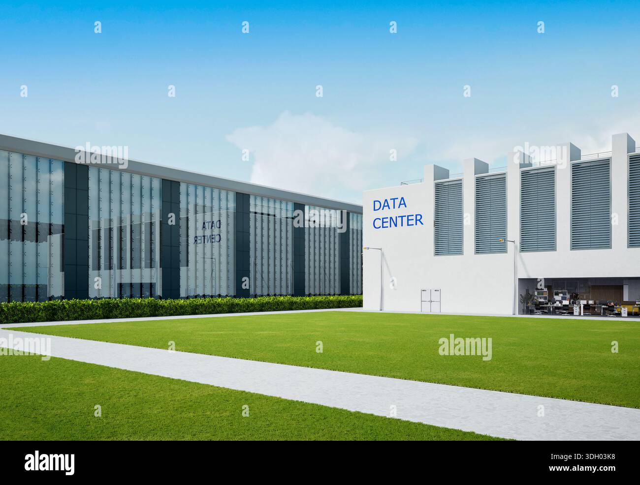 rendering 3d dell'edificio esterno del data center contro il cielo blu Foto Stock