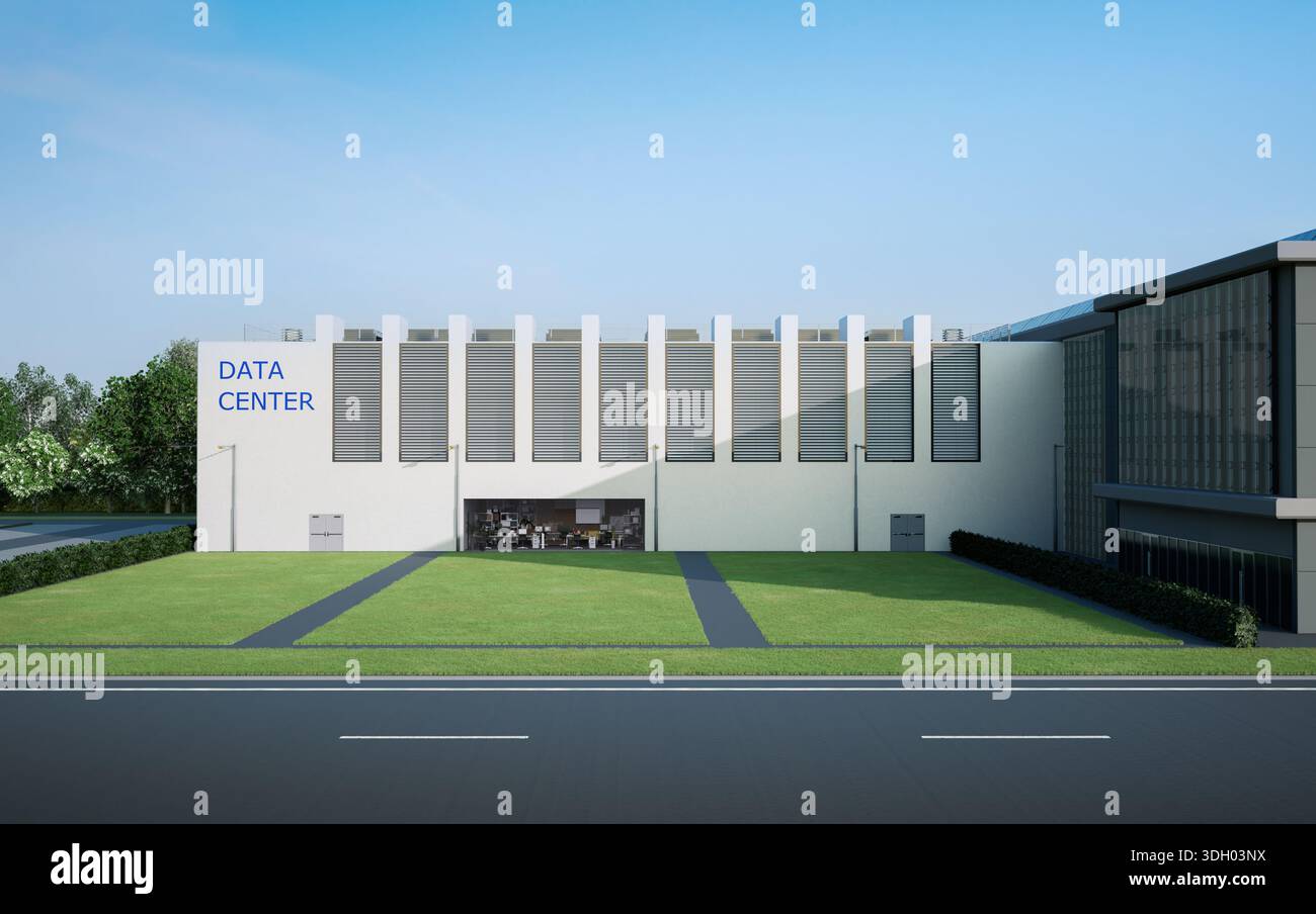 rendering 3d dell'edificio esterno del data center contro il cielo blu Foto Stock