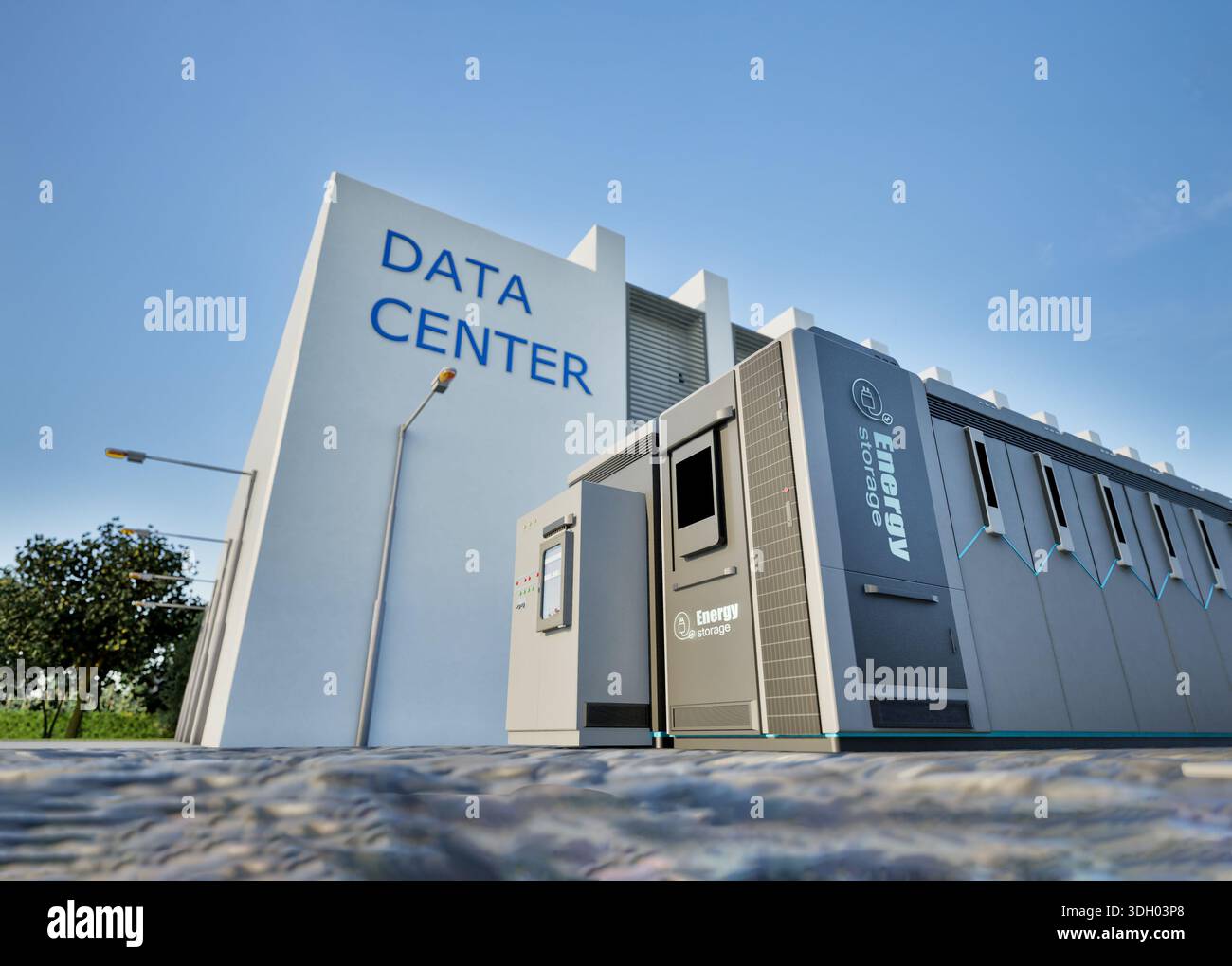 rendering 3d dei sistemi di immagazzinamento dell'energia o delle unità contenitore della batteria per data center Foto Stock
