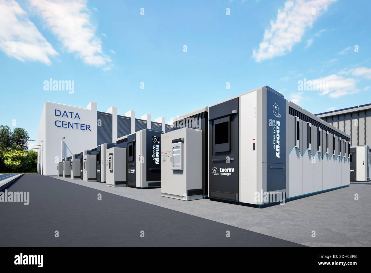 rendering 3d dei sistemi di immagazzinamento dell'energia o delle unità contenitore della batteria per data center Foto Stock