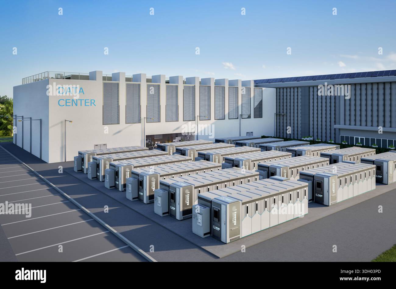 rendering 3d dei sistemi di immagazzinamento dell'energia o delle unità contenitore della batteria per data center Foto Stock