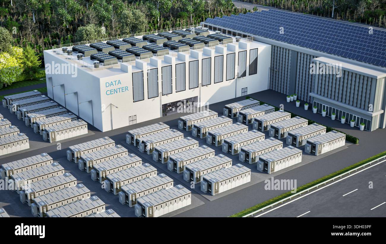 rendering 3d di sistemi di immagazzinamento dell'energia o unità contenitore della batteria con energia solare per data center Foto Stock