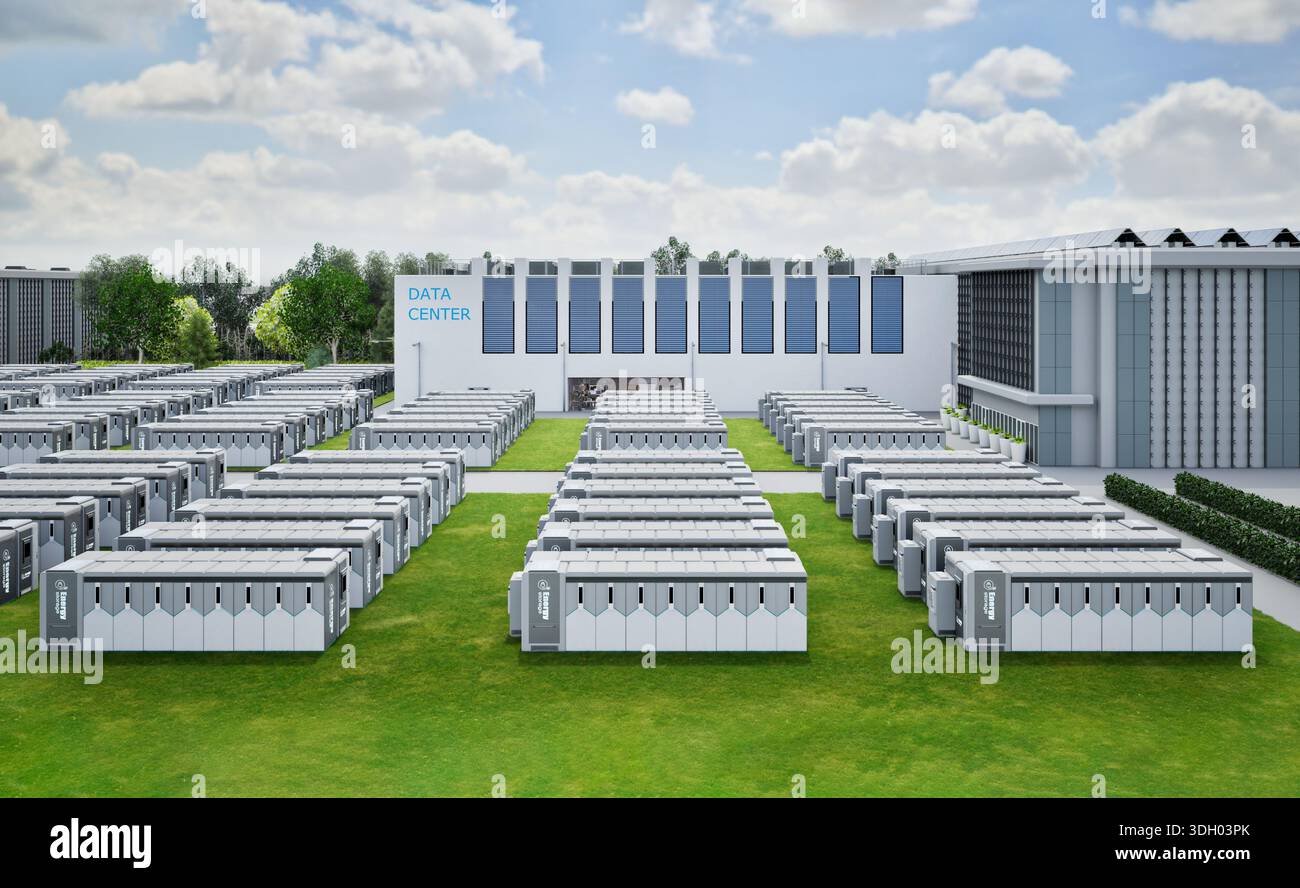 rendering 3d dei sistemi di immagazzinamento dell'energia o delle unità contenitore della batteria per data center Foto Stock