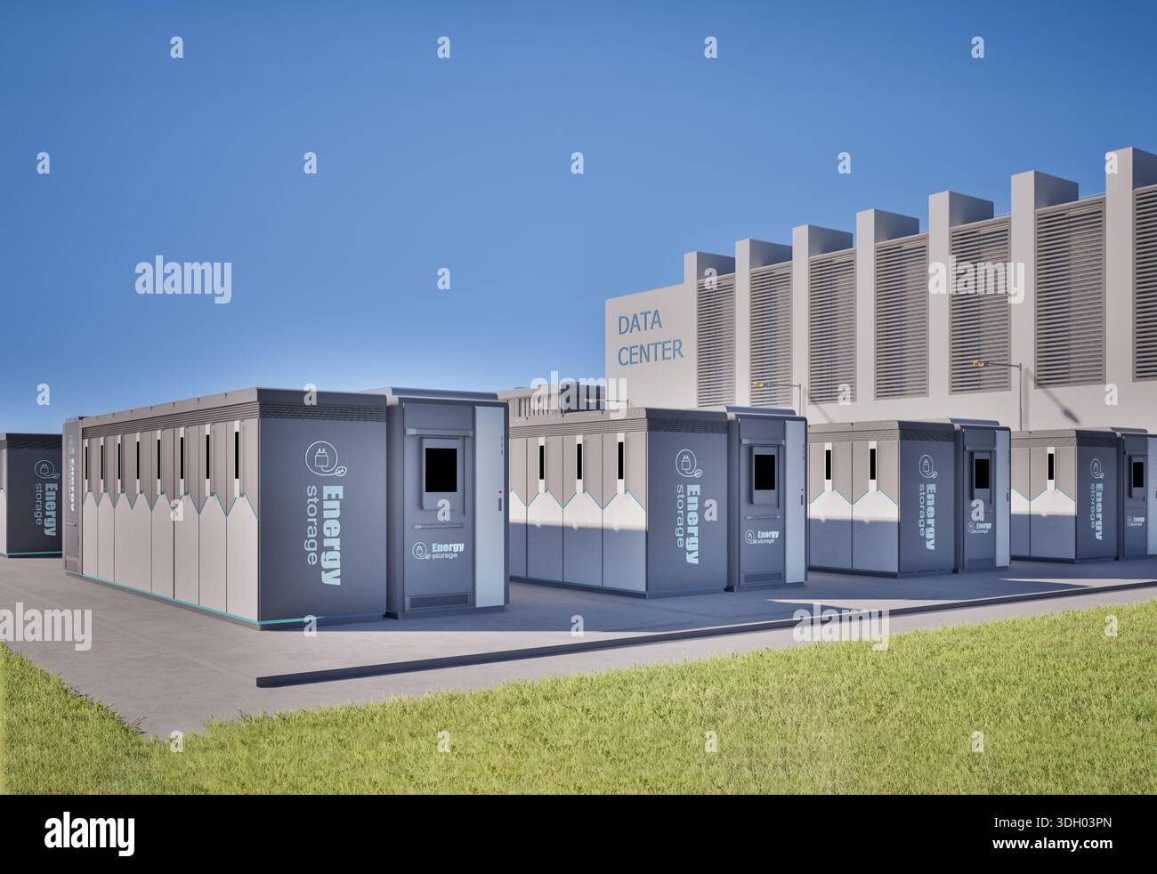 rendering 3d dei sistemi di immagazzinamento dell'energia o delle unità contenitore della batteria per data center Foto Stock