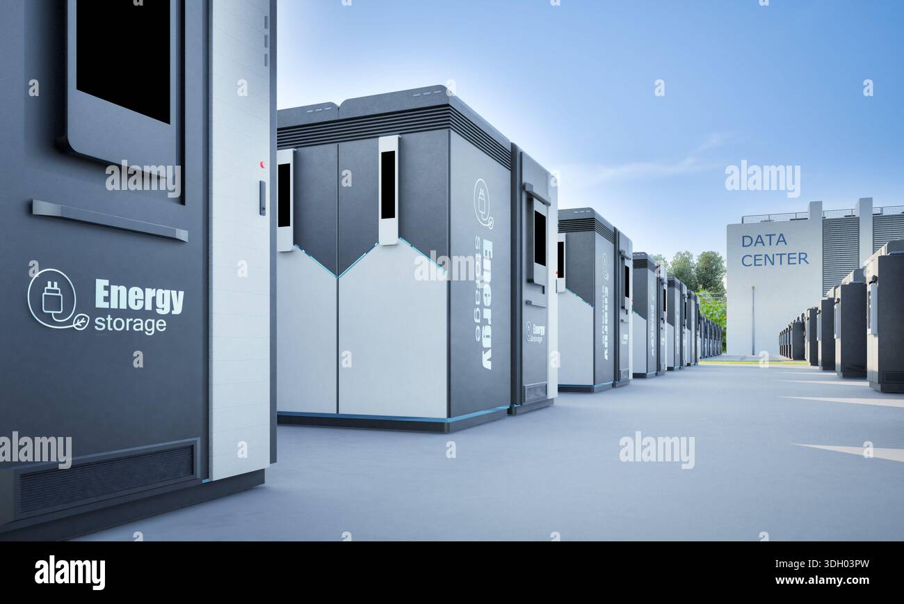 rendering 3d dei sistemi di immagazzinamento dell'energia o delle unità contenitore della batteria per data center Foto Stock
