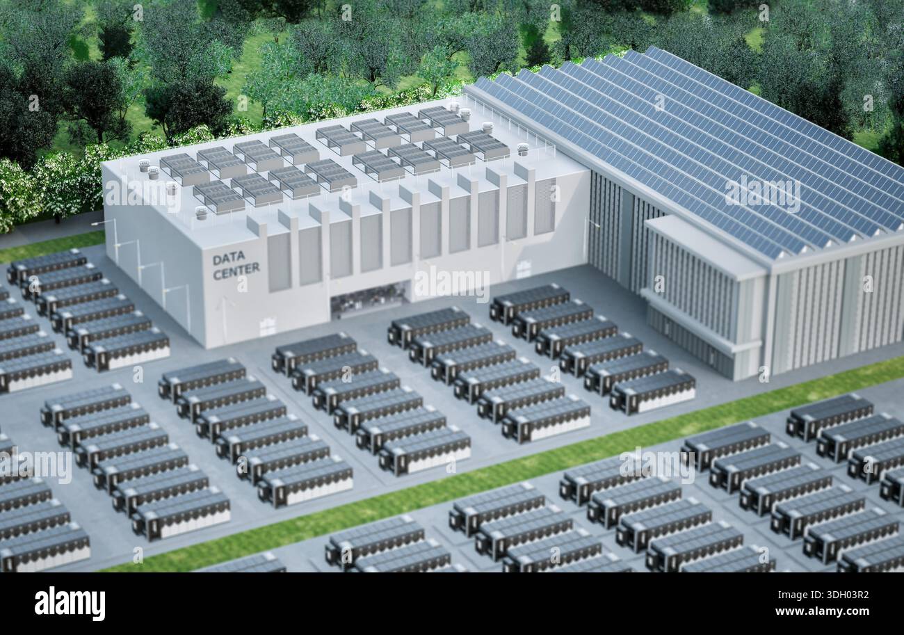 rendering 3d di sistemi di immagazzinamento dell'energia o unità contenitore della batteria con energia solare per data center Foto Stock