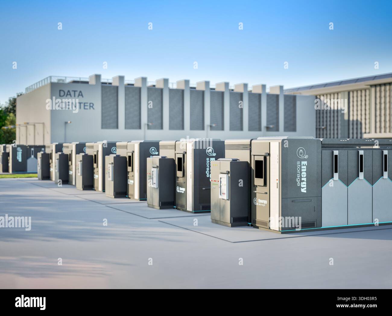 rendering 3d dei sistemi di immagazzinamento dell'energia o delle unità contenitore della batteria per data center Foto Stock