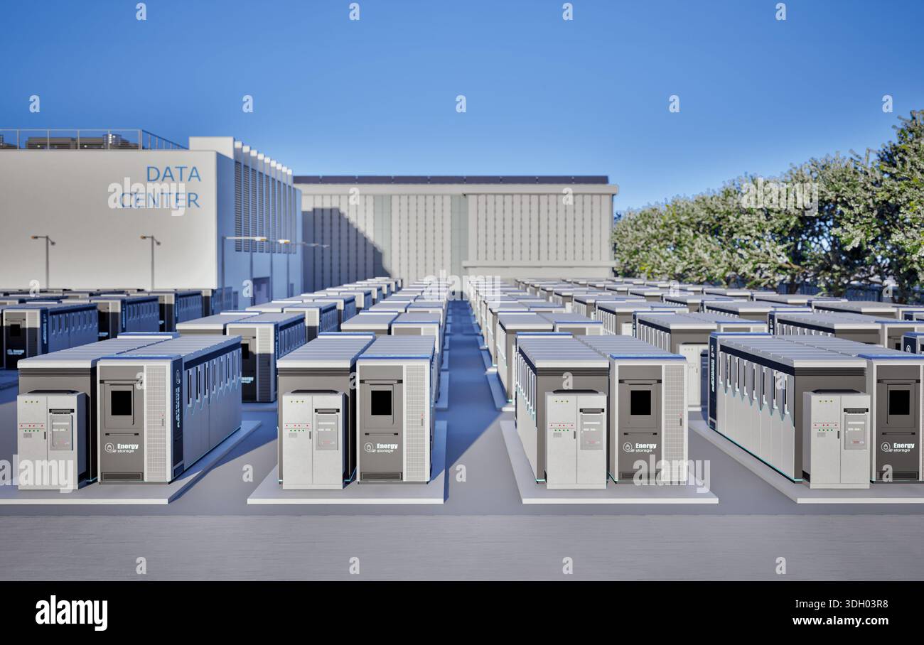 rendering 3d dei sistemi di immagazzinamento dell'energia o delle unità contenitore della batteria per data center Foto Stock