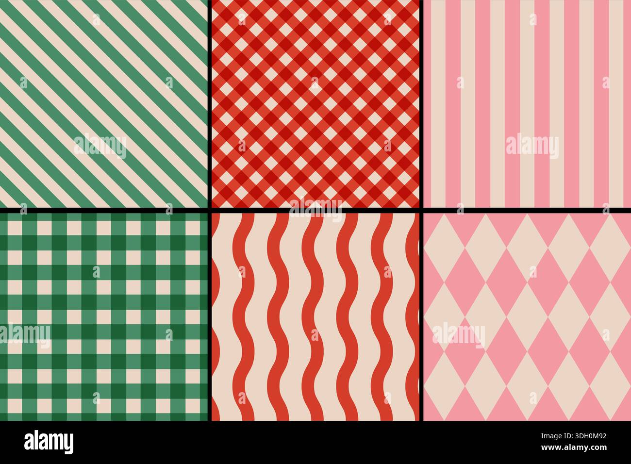 Set vettoriale di motivi geometrici classici retrò per Natale e Capodanno. Fantasie vintage a quadri e a righe per le vacanze invernali. Illustrazione Vettoriale
