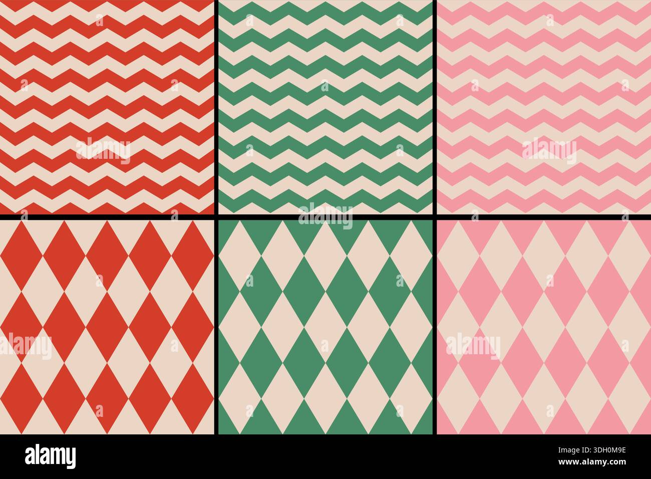 Set vettoriale di motivi geometrici classici retrò per Natale e Capodanno. Motivo vintage a zig zag senza cuciture e a litigi per le vacanze invernali. Illustrazione Vettoriale
