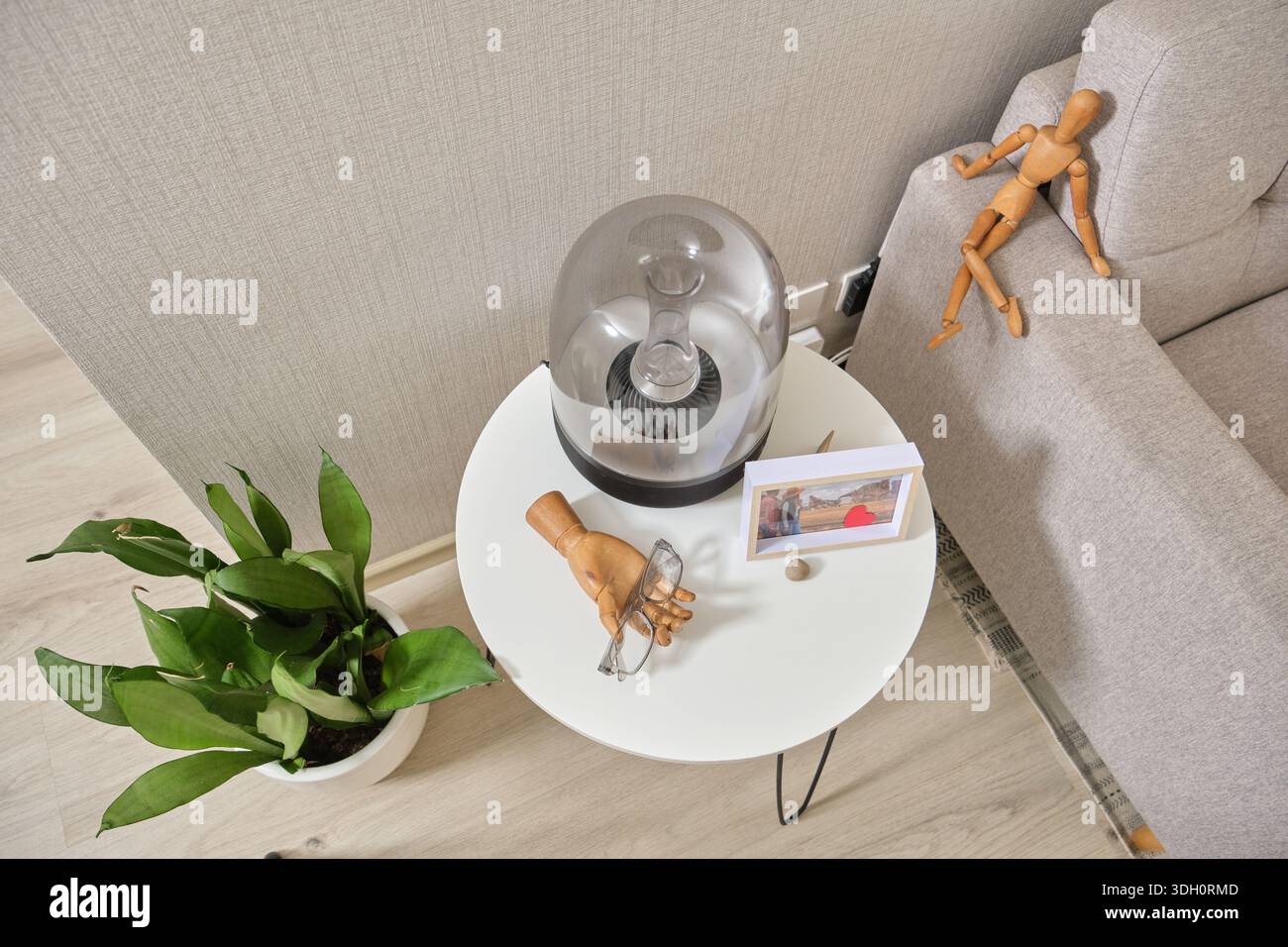 Dettagli degli interni: Un altoparlante moderno, oggetti decorativi e piante d'casa su un tavolo finale Foto Stock