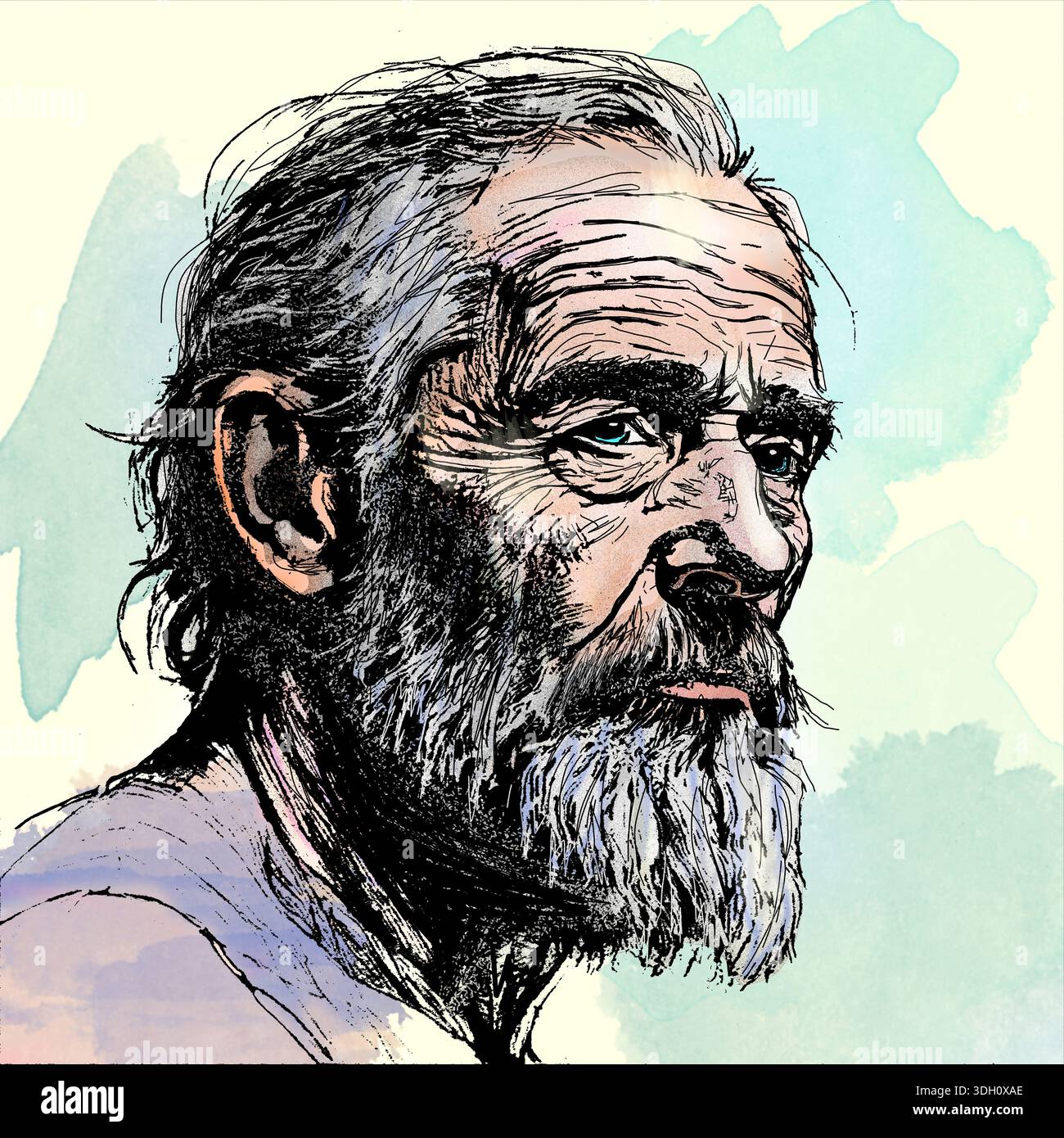 Un vecchio uomo rustico è visto in una penna e inchiostro con disegno ad acquerello che è un'illustrazione in 3D. L'immagine è stata disegnata a mano su un computer. Foto Stock