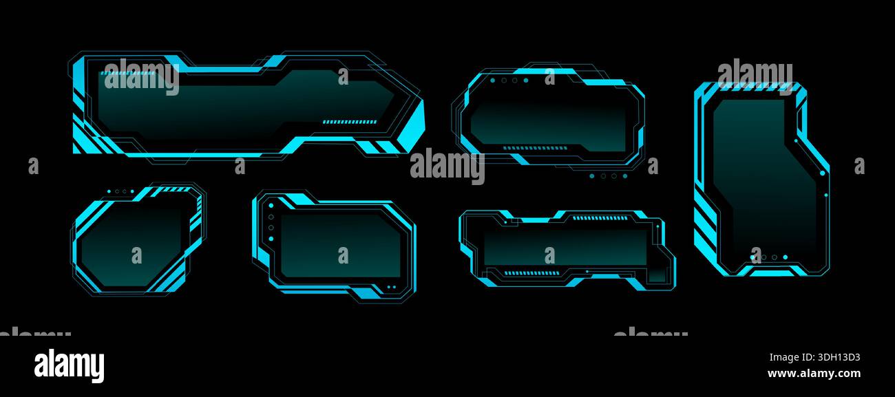 Elementi dell'interfaccia utente tecnologia telaio con design dell'interfaccia HUD luminoso. Schermo di gioco cyberpunk con cornici digitali ed elementi tecnologici olografici. Pannello di controllo dell'interfaccia utente futuristica con elementi al neon e caselle di testo Illustrazione Vettoriale