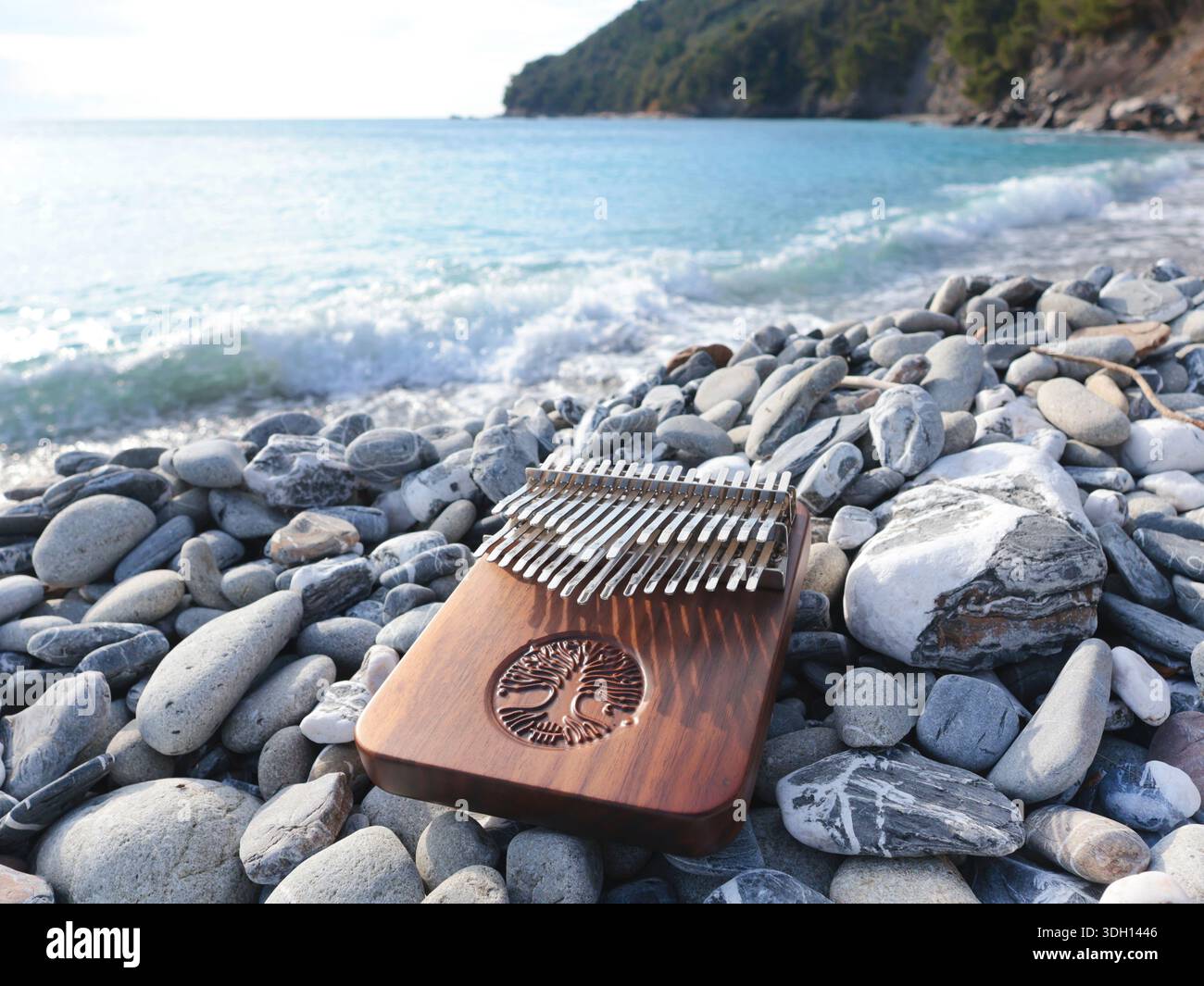 Strumento musicale Kalimba sulle pietre via mare. La natura vicino alle montagne, alla musica e alla meditazione. Relax e salute mentale. Foto Stock