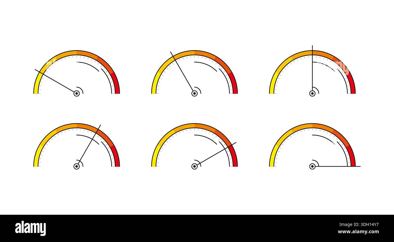 Tachimetro semicircolare a sei fasi su sfondo bianco. Sei opzioni di selezione rapida Foto Stock