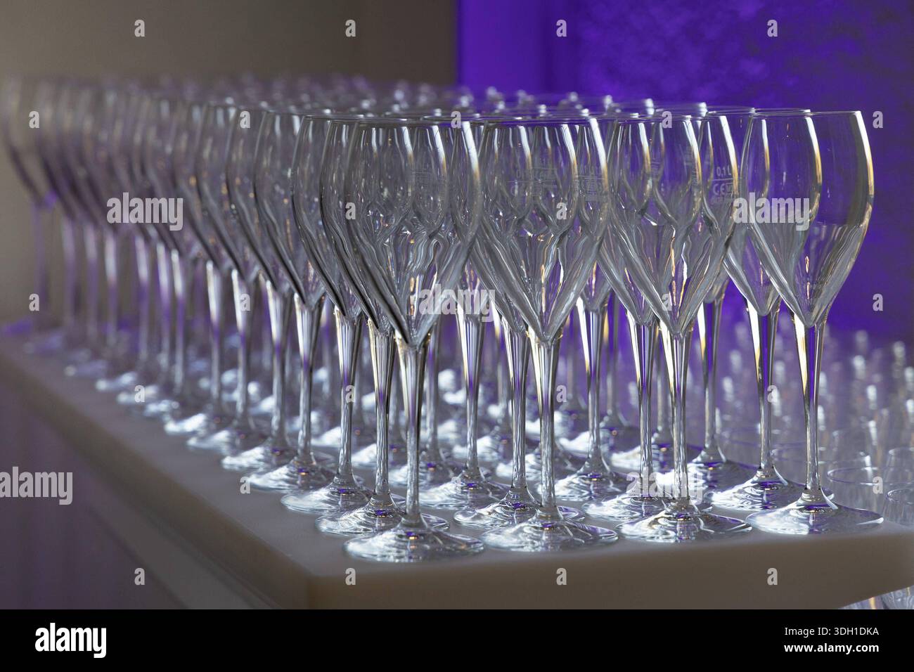 06.09.2025, Iffezheim, Baden-Wuerttemberg, GER - Leere Sektglaeser. Baden-Wuerttemberg, Champagnerglaeser, deutsch, Deutschland, Essen und Trinken, Europa, Europaeisch, Feier, feiern, Fest, geordnet, Geschirr, Gesellschaft, Glaeser, hintereinander, Iffezheim, innen, Innenaufnahme, leer, Menge, nebeneinander, niemand, QF, Querformat, Sektglaeser, Stil, stilvoll, simbolo, Symbolfoto, Symbolik, Symbolisch, Trinken, Trinkglaeser, viele, Westeuropa, Wirtschaft 250906D061IFFEZHEIM.JPG *** 06 09 2025, Iffezheim, Baden Wuerttemberg, bicchieri da champagne GER vuoti Baden Wuerttemberg, bicchieri da champagne, Ger Foto Stock
