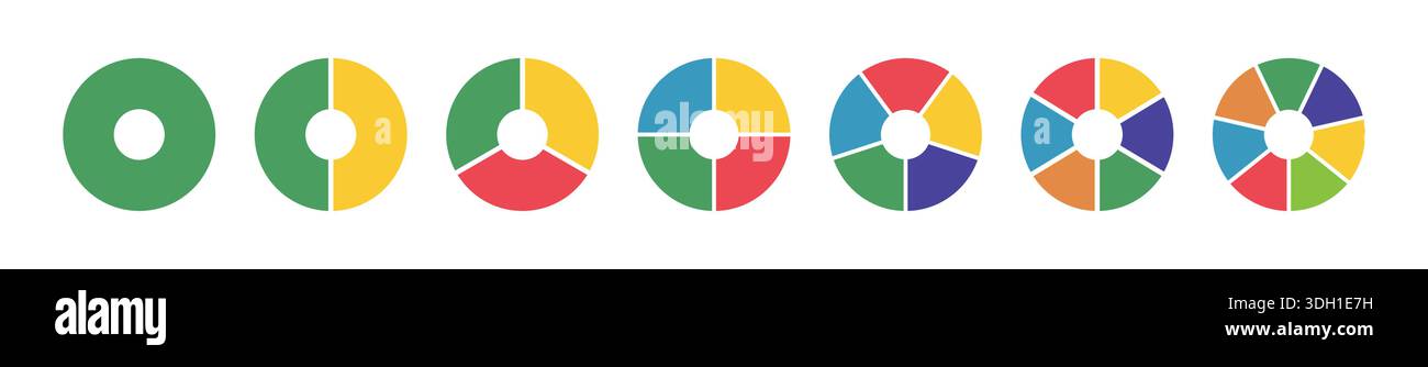 Diagrammi di ciambella, torte segmentate da 1 a 7 parti uguali. Diagrammi infografica grafico grafico della sezione circolare da uno a sette passaggi. Ruote divise in sezioni Illustrazione Vettoriale