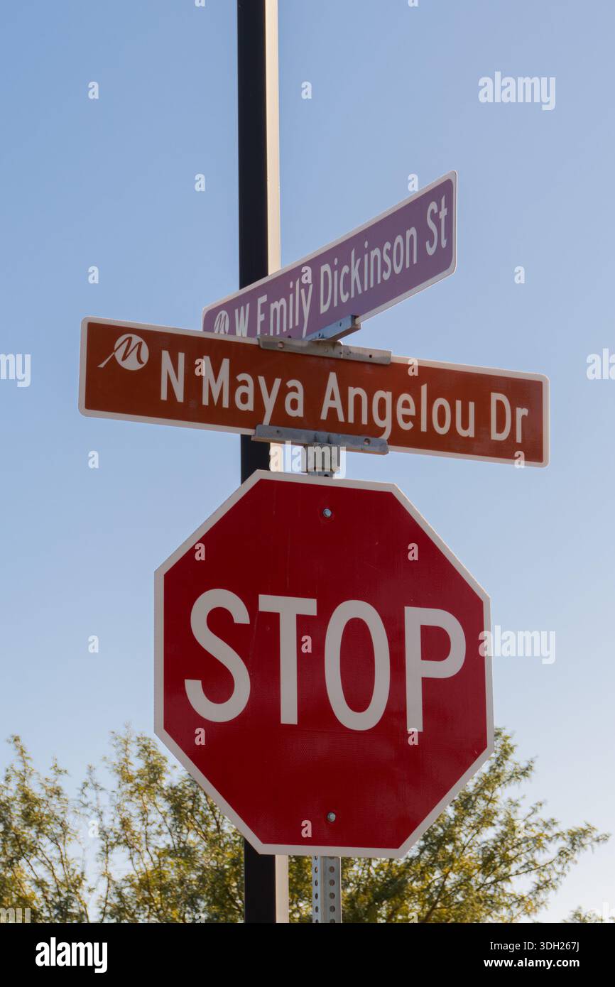 Maricopa, Arizona - 30 novembre 2025: Cartelli stradali con il logo della città di Maricopa vicino alla biblioteca all'angolo tra N Maya Angelou Dr e W Emily Foto Stock