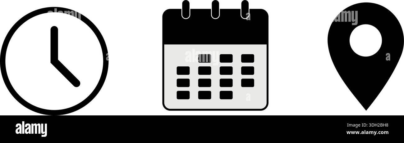 Set di icone di navigazione dell'interfaccia - Orologio minimalista in bianco e nero, Calendario e simboli della mappa per la pianificazione aziendale e degli appuntamenti Illustrazione Vettoriale