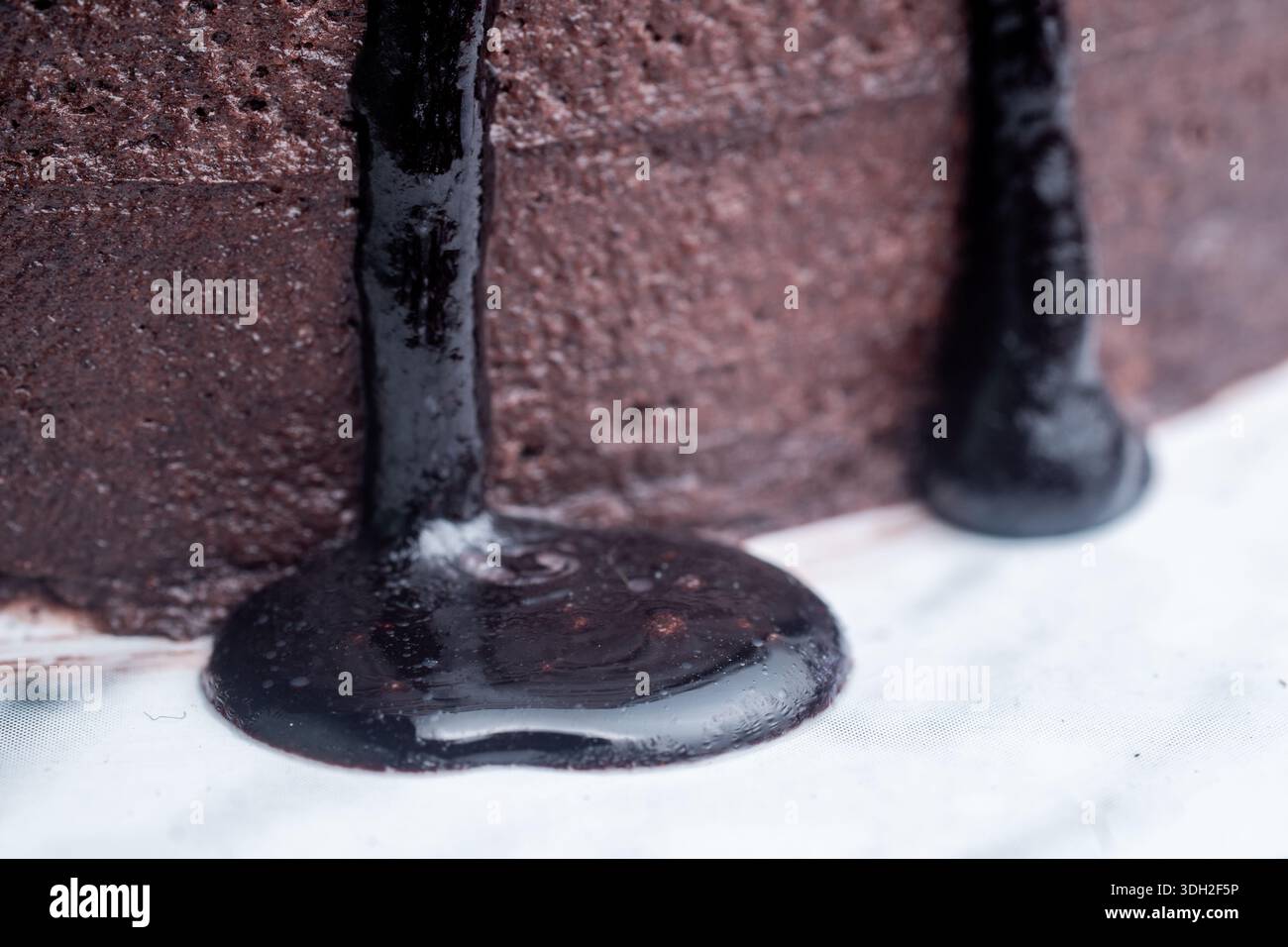 Primo piano di uno sciroppo di cioccolato denso e lucido che gocciola su una superficie bianca da una ricca torta di cacao, evidenziando una consistenza liscia e liquida. Foto Stock