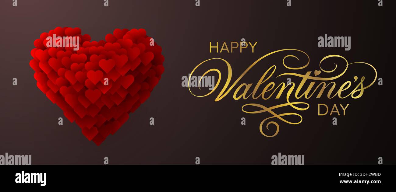 Saluto di buon San Valentino con un bellissimo design a cuore, caratterizzato da calligrafia dorata e un cuore rosso vivace. Illustrazione vettoriale Illustrazione Vettoriale