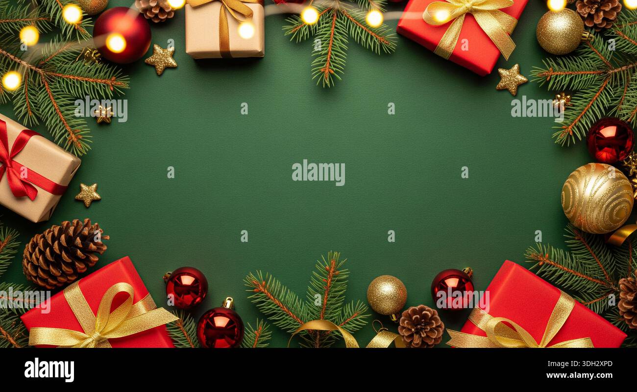 Cornice natalizia realizzata con rami di abete, decorazioni rosse, scatole regalo e coni di pino su sfondo verde. Felice anno nuovo e vacanze invernali. Foto Stock