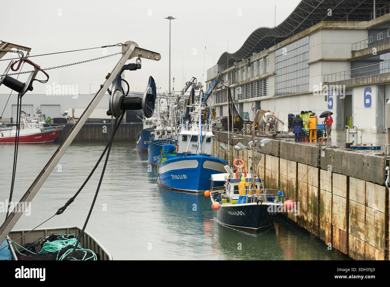 Barche da pesca commerciali ormeggiate in una moderna struttura portuale, lavoratori sul molo durante una giornata di pioggia, dimostrando l'industria marittima. Santona, cantabr Foto Stock