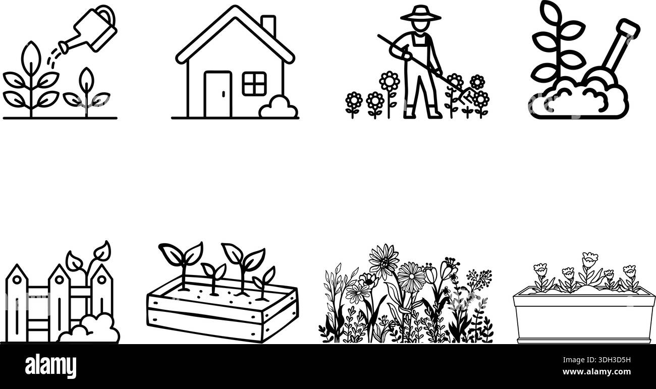 Icone vettoriali delle attività di giardinaggio: Irrigazione di piante, casa, giardiniere, piantagione, recinzione, letto di piantagione, fiori e scatola di piantatrici. Illustrazione Vettoriale