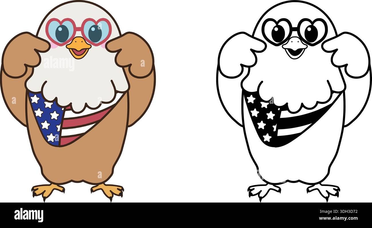 Graziosa aquila cartoni animati con occhiali da sole a forma di cuore e bandana bandiera americana, raffigurata con colori e linee. Illustrazione Vettoriale