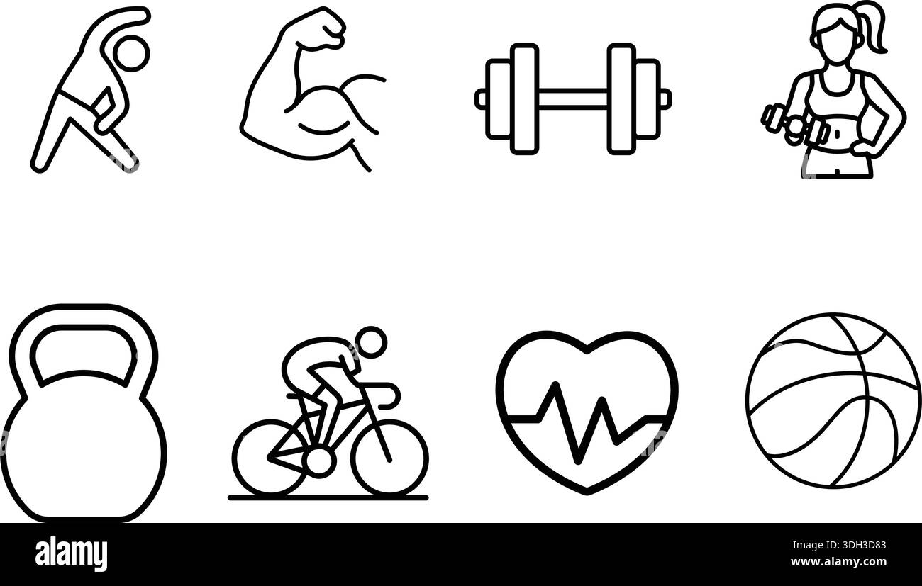 Set di icone d'arte in bianco e nero che rappresentano attività e attrezzature per il fitness e lo stile di vita sano. Illustrazione Vettoriale